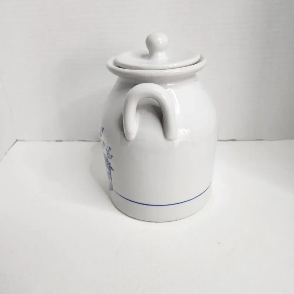 Vintage Ceramic Crock Canister Blue Flower Box Double Handles With Lid